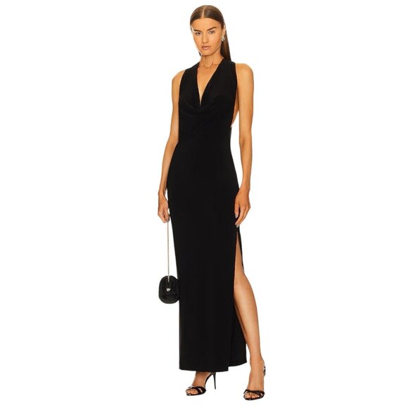 Norma Kamali Halter Neeta Side Slit Gown in Black Small New Long Maxi Dress - Picture 1 of 13